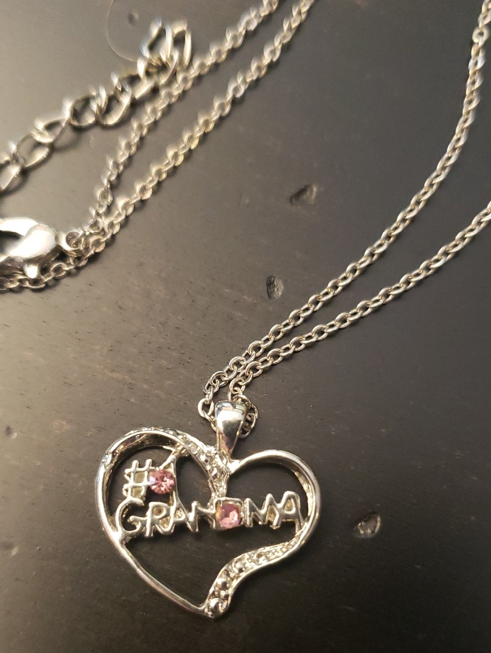 Silver Heart "#1 Grandma" Script Necklace With Pink Rhinstones - 18", Plus 2"